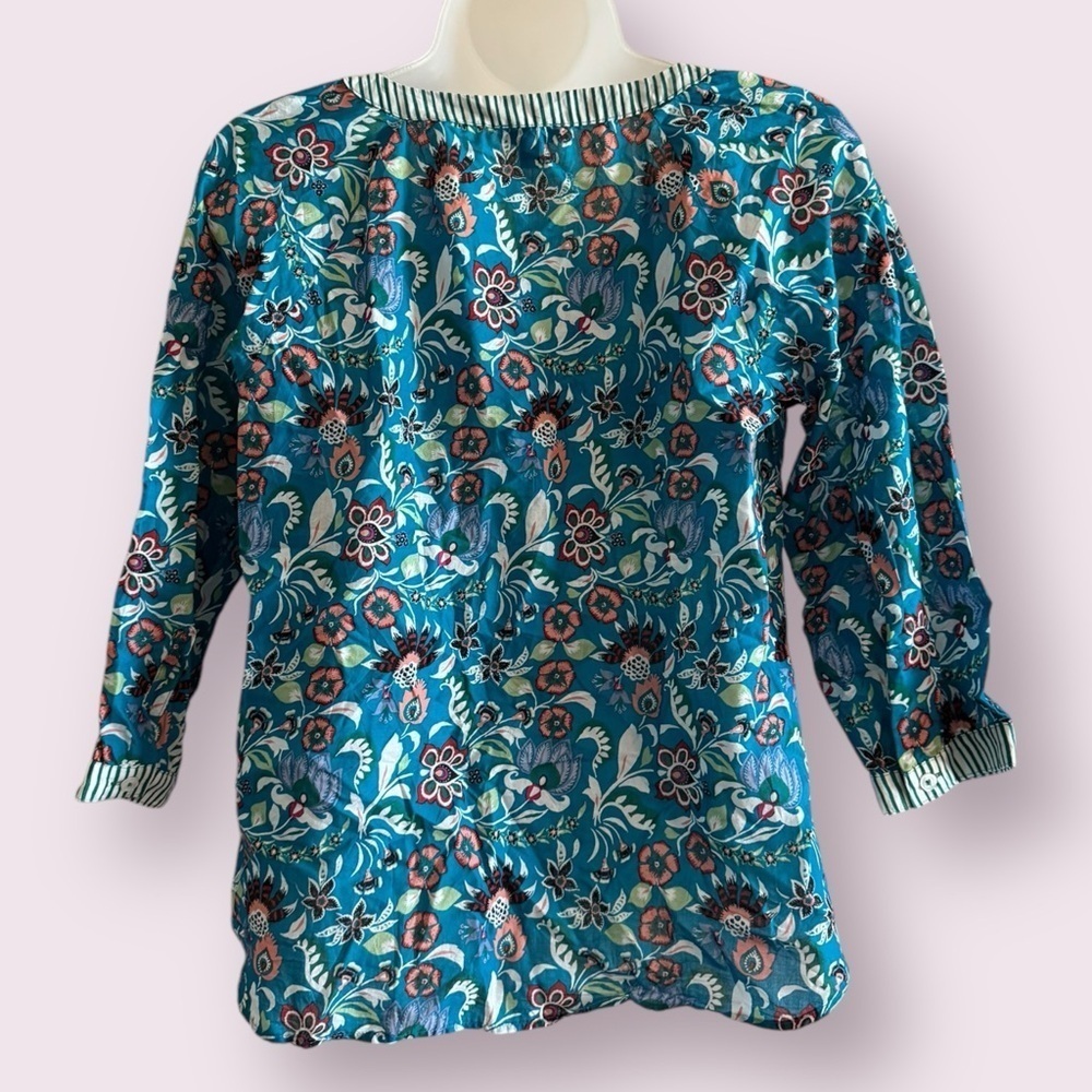 Talbots Blue Floral Popover Blouse 3/4 Sleeve Band Collar Petite S - Picture 8 of 8
